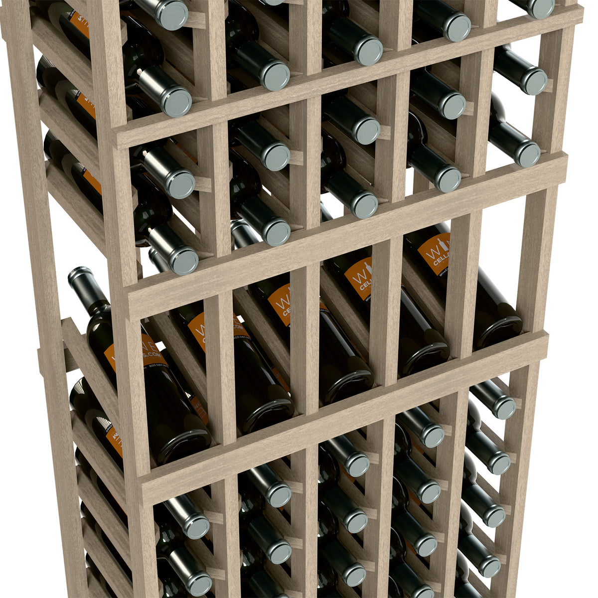Wood wine bottle display rack with 5 columns, crossbar shelves holding bottles.