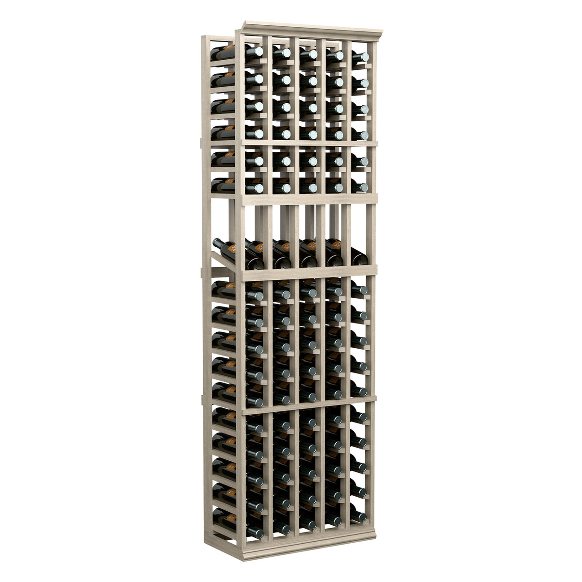 Wood wine bottle display rack with 5 columns, full front view with bottles.