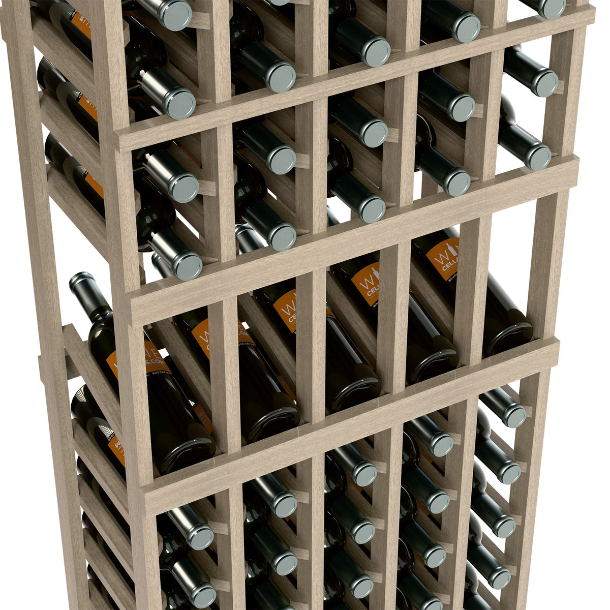 Wood wine bottle display rack with 5 columns, close-up of bottle rows and dividers.