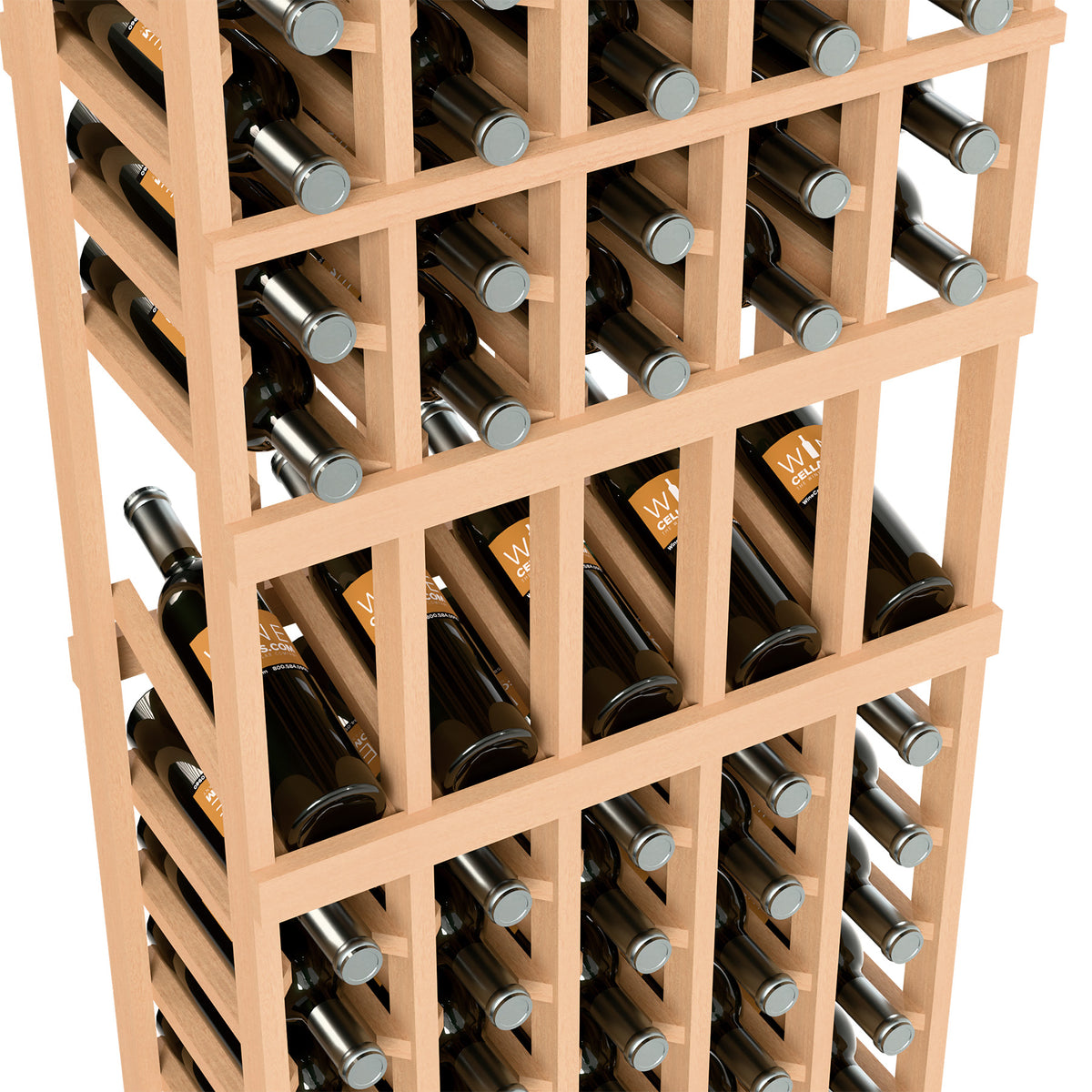 Light wood wine bottle display rack with 5 columns, close-up of bottle dividers.