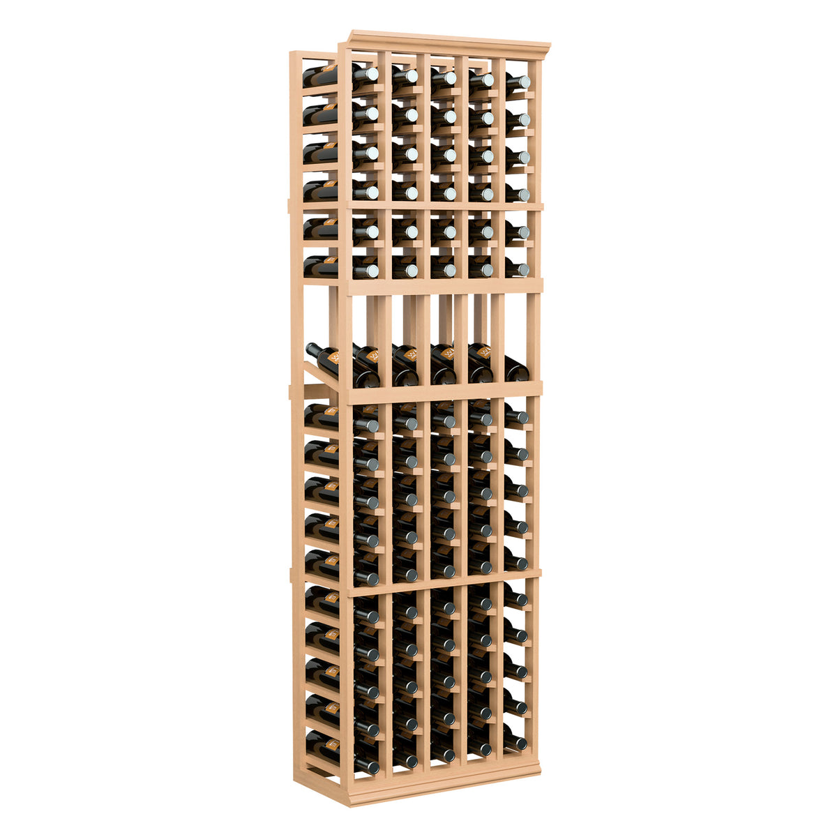 Light wood wine bottle display rack with 5 columns, standing front view with bottles.