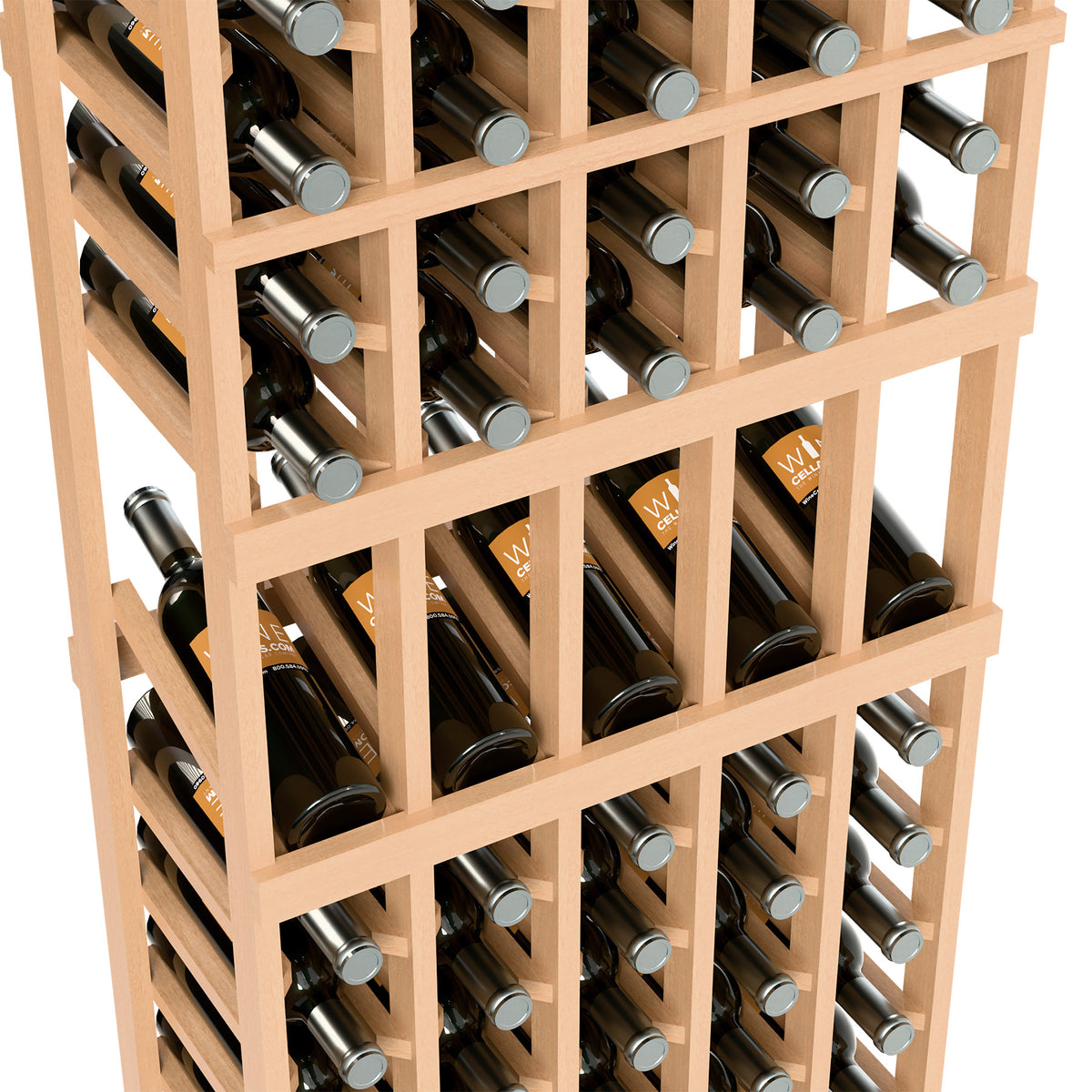 Light wood wine bottle display rack with 5 columns, angled close-up of bottle rows.