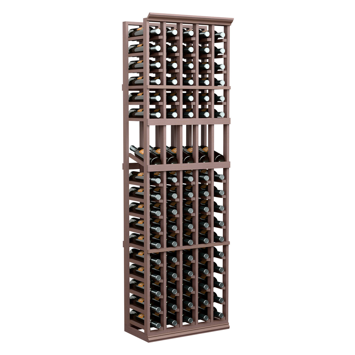 Dark wood wine bottle display rack with 5 columns, front view with bottles.