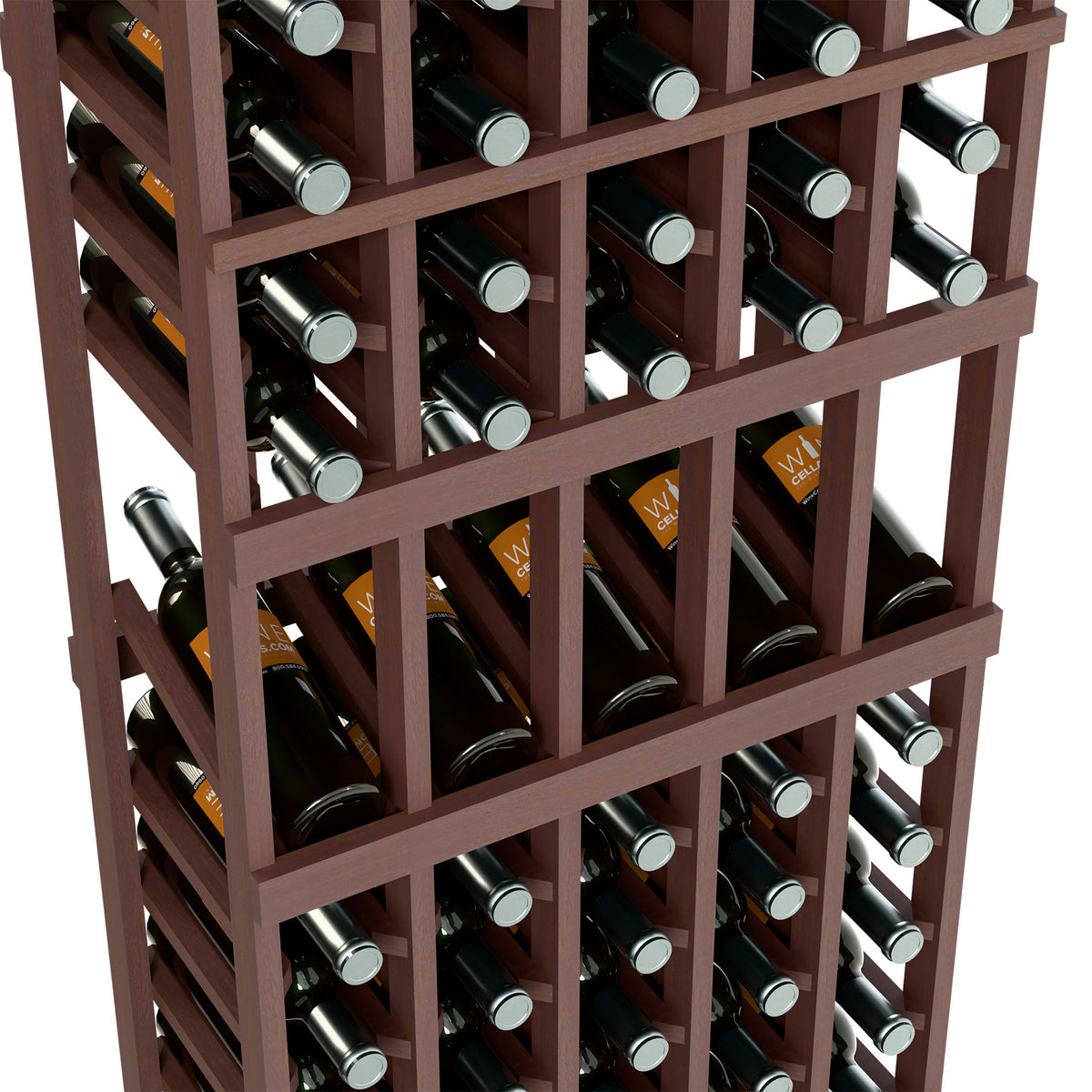Red-brown wood wine bottle display rack with multiple horizontal rows of bottles