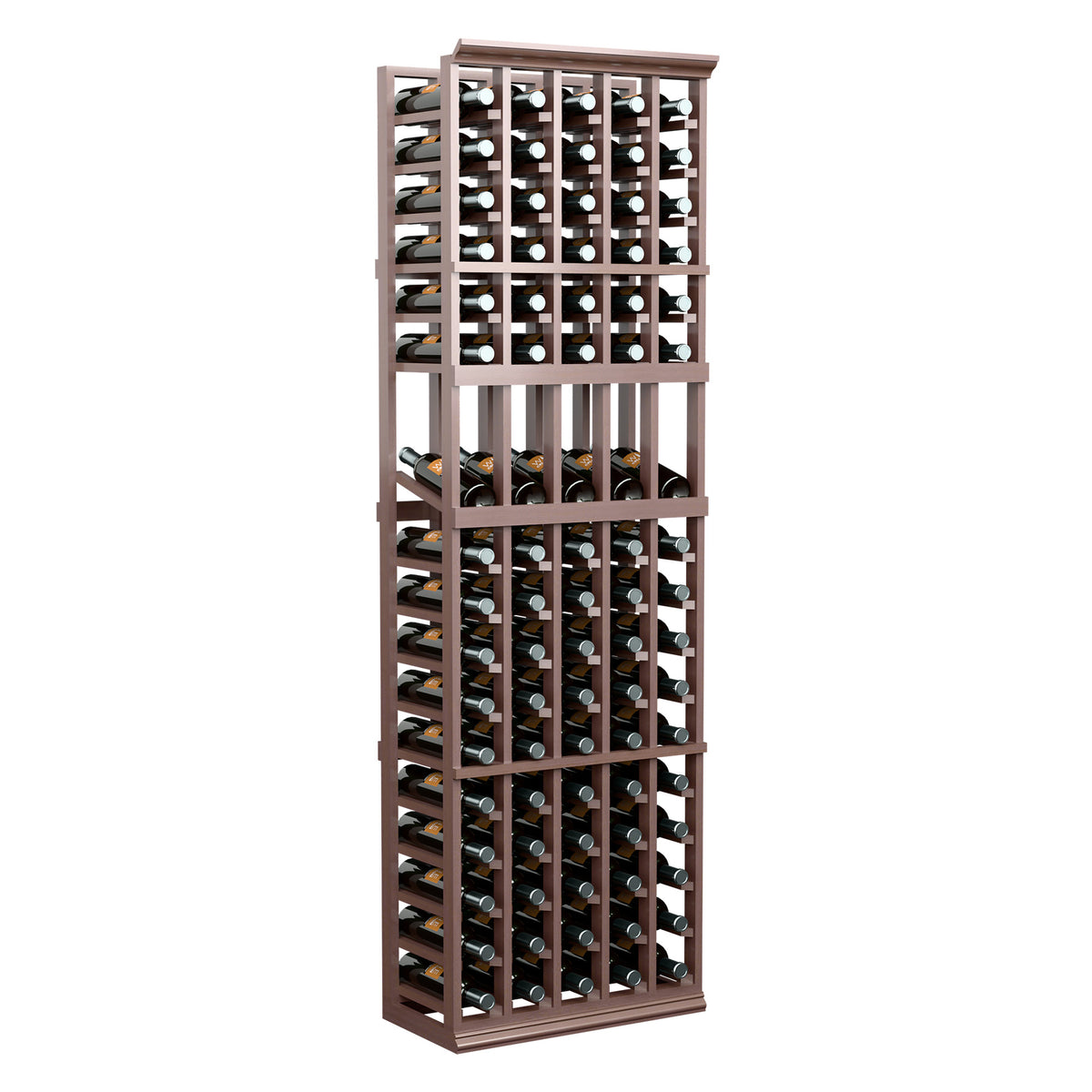 Medium brown wood wine bottle display rack with 5 columns, full front view with bottles.