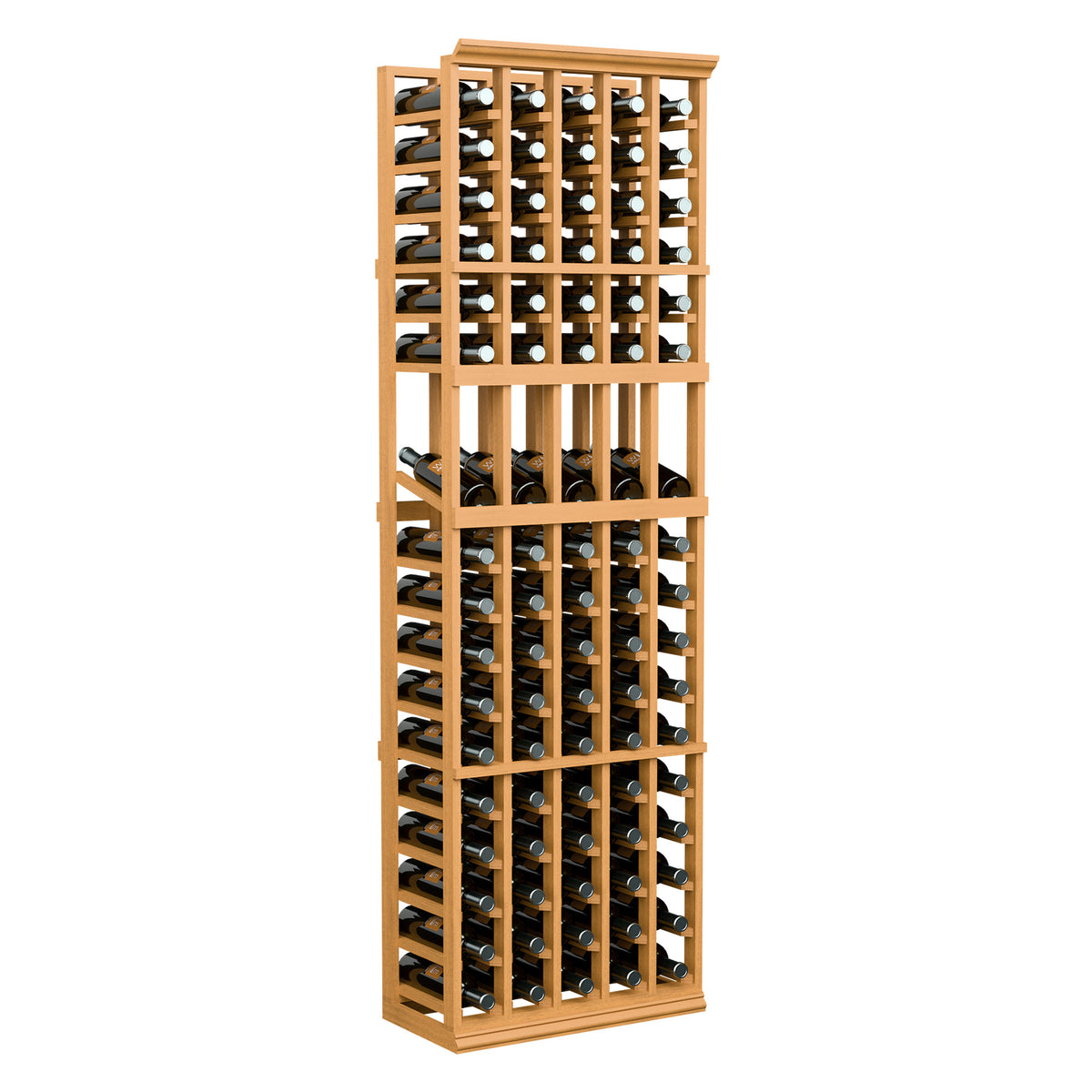 Natural wood 5-column wine bottle display rack, 6 ft tall, front view