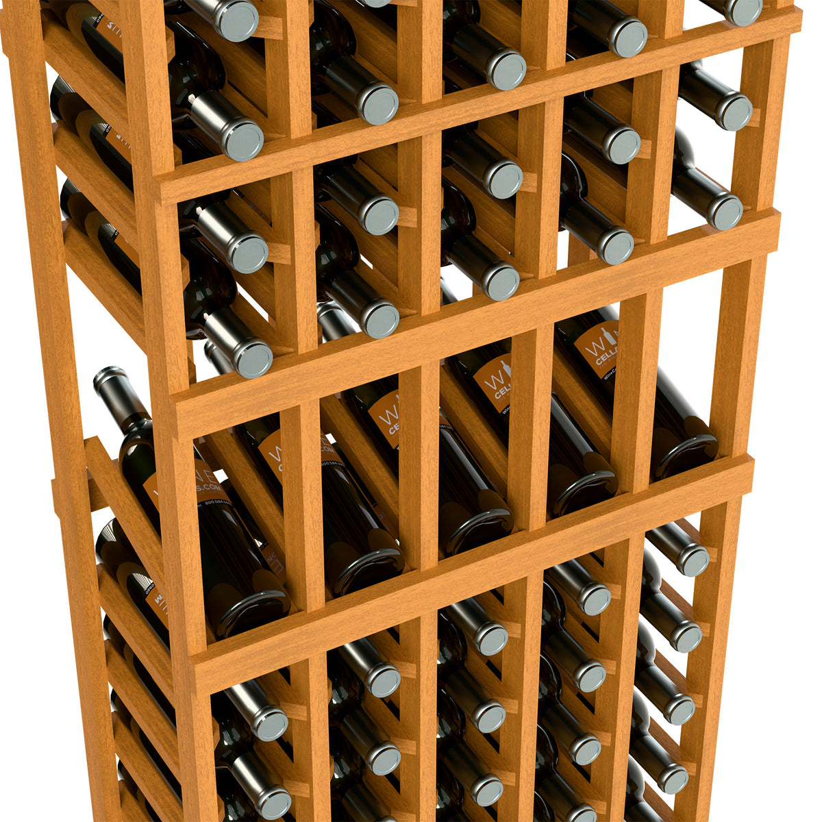 Natural wood 5-column wine bottle rack with bottles in a grid, angled close-up