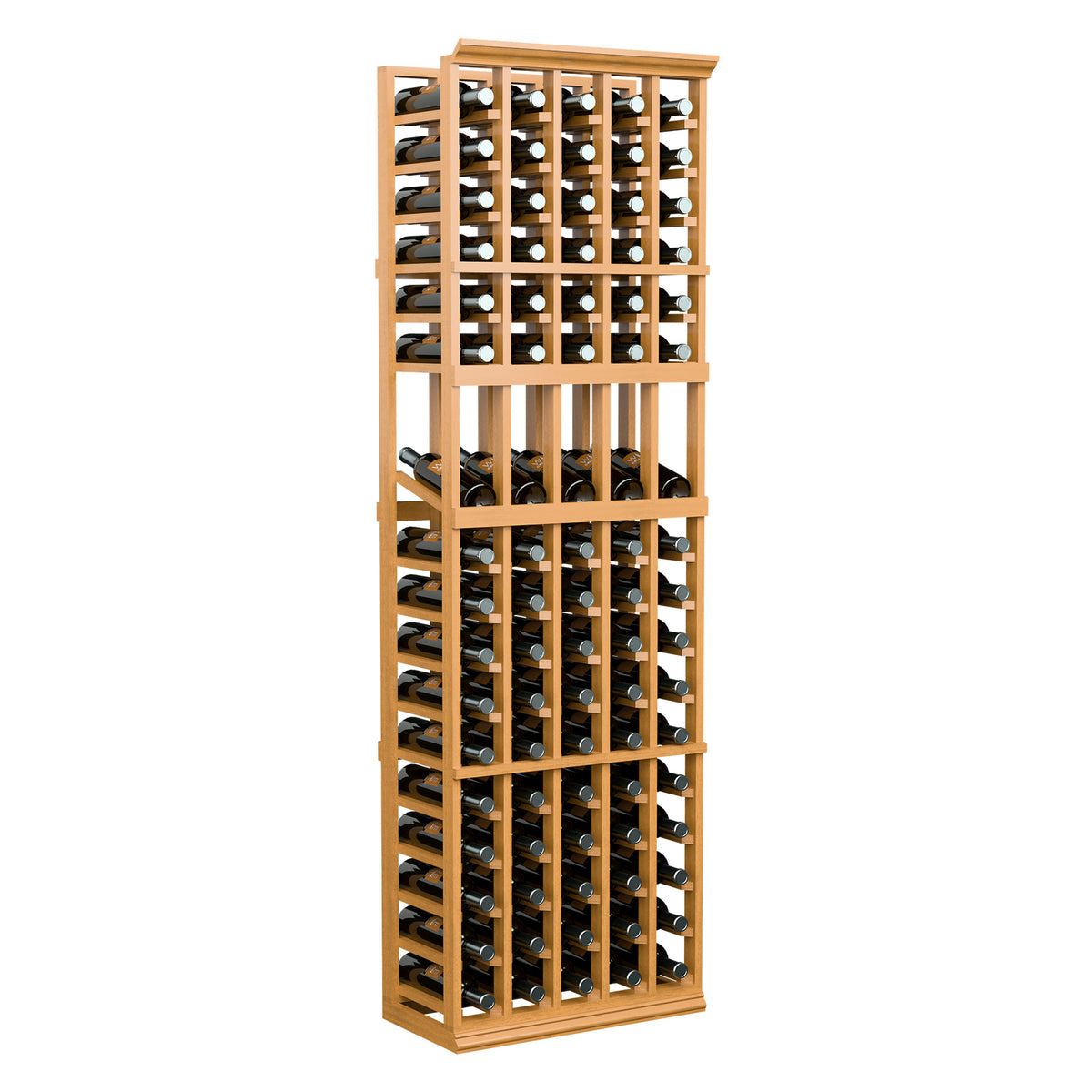 Natural wood 5-column wine bottle display rack, 6 ft tall, full front view