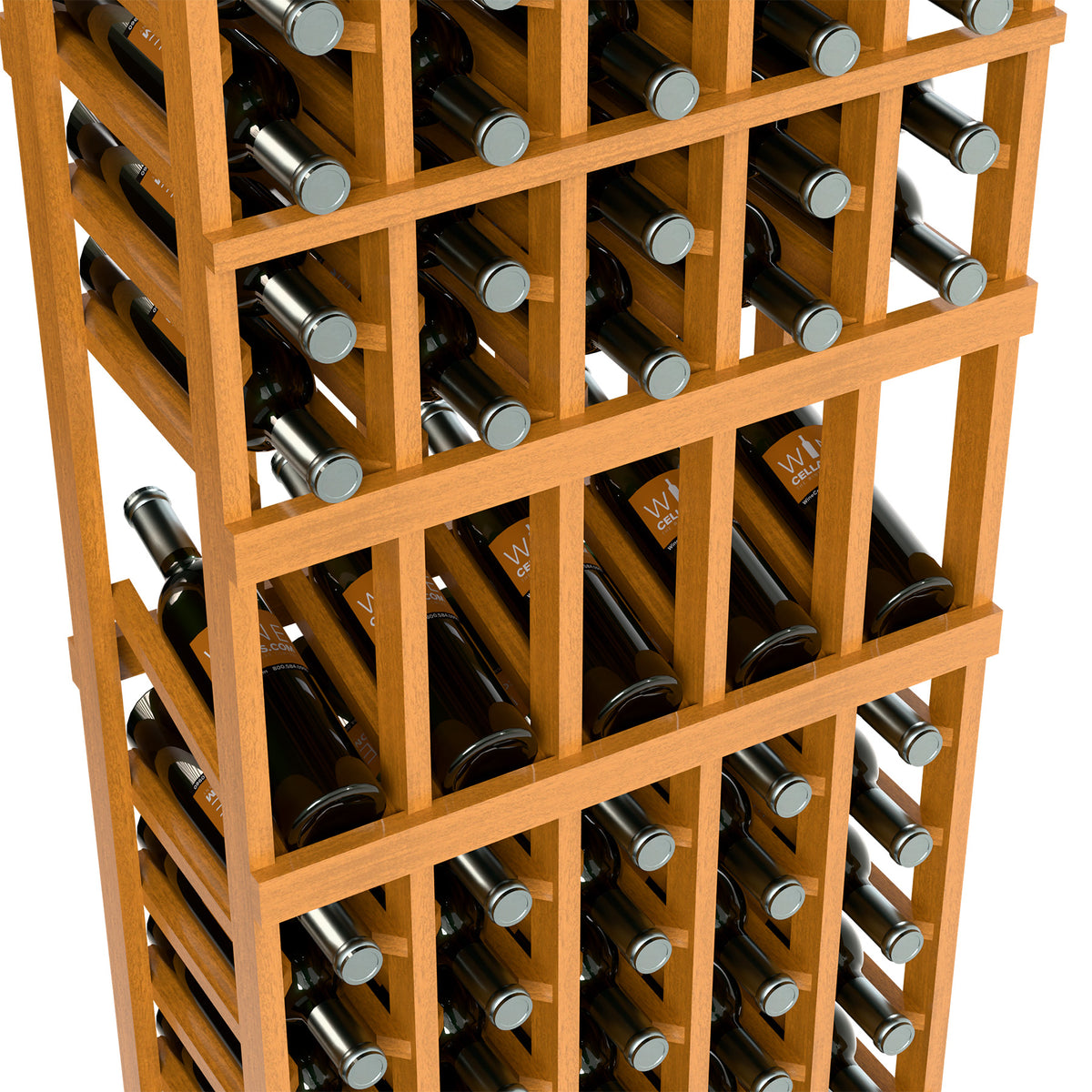 Natural wood 5-column wine bottle rack, angled close-up of bottle rows and slots
