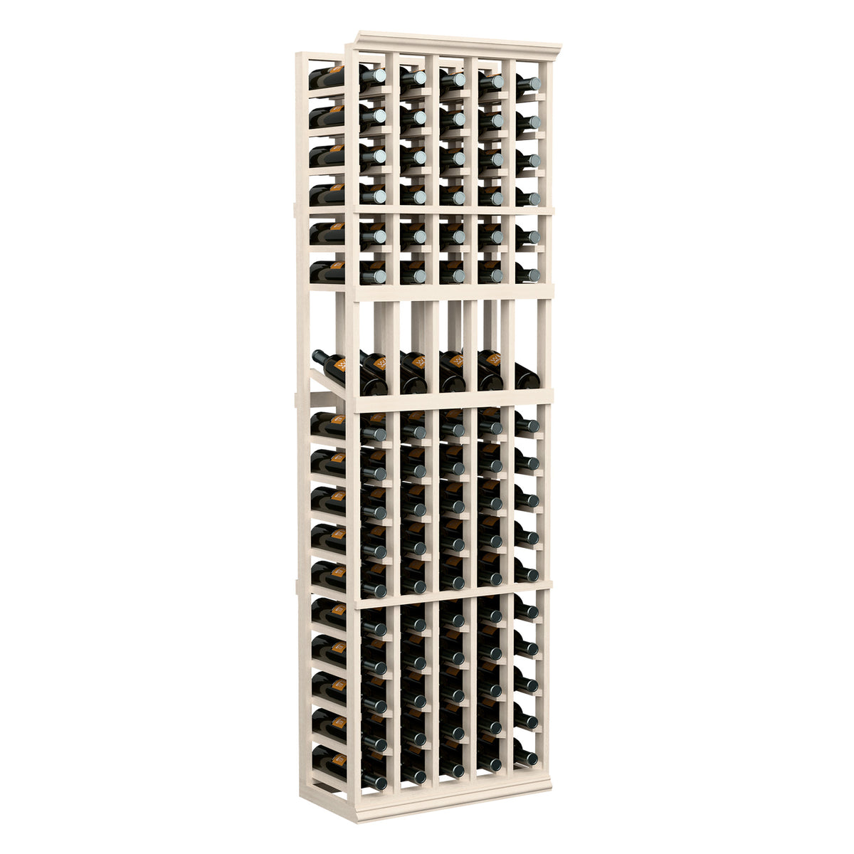 White 5-column wine bottle display rack, 6 ft tall, front view with bottle rows