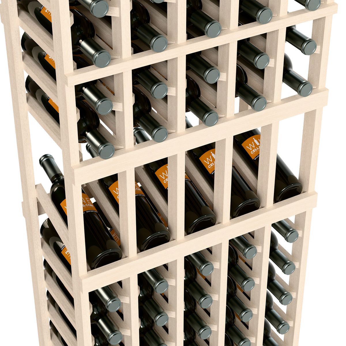 White 5-column wine bottle rack with bottles in a wooden grid, close-up