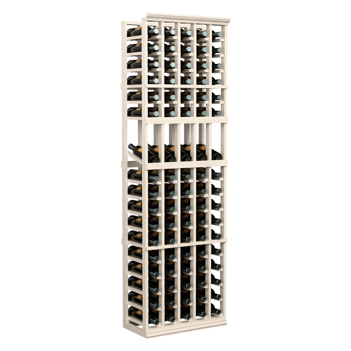 White 5-column wine bottle display rack, 6 ft tall, front view