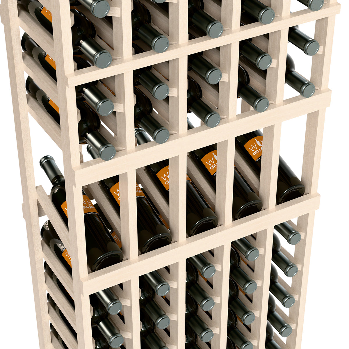 White 5-column wine bottle rack, angled close-up of bottle compartments
