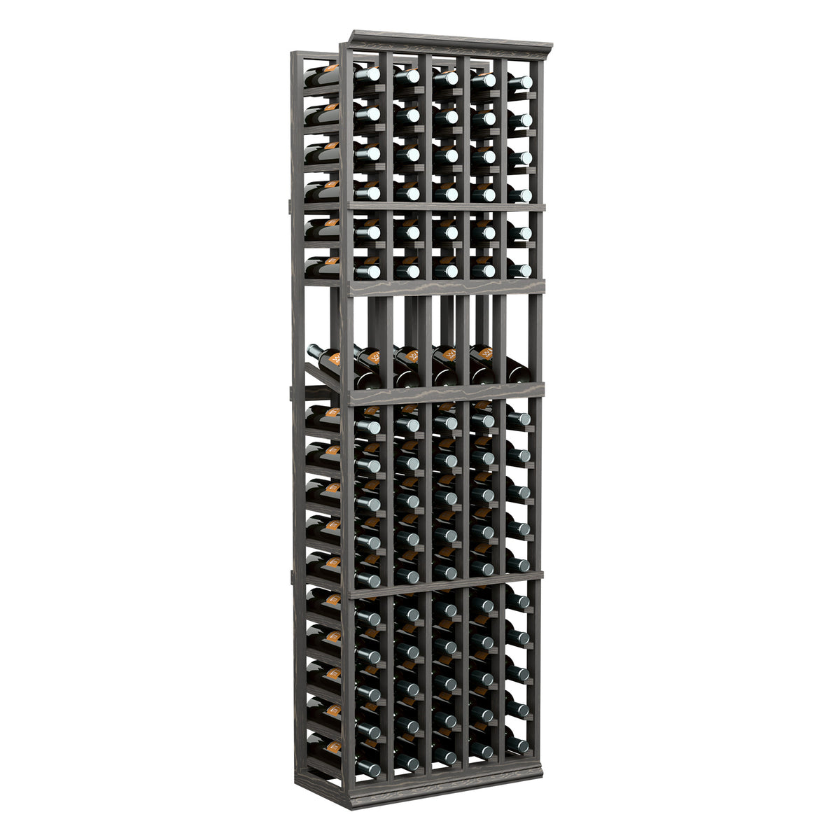 Gray 5-column wine bottle display rack, 6 ft tall, front view