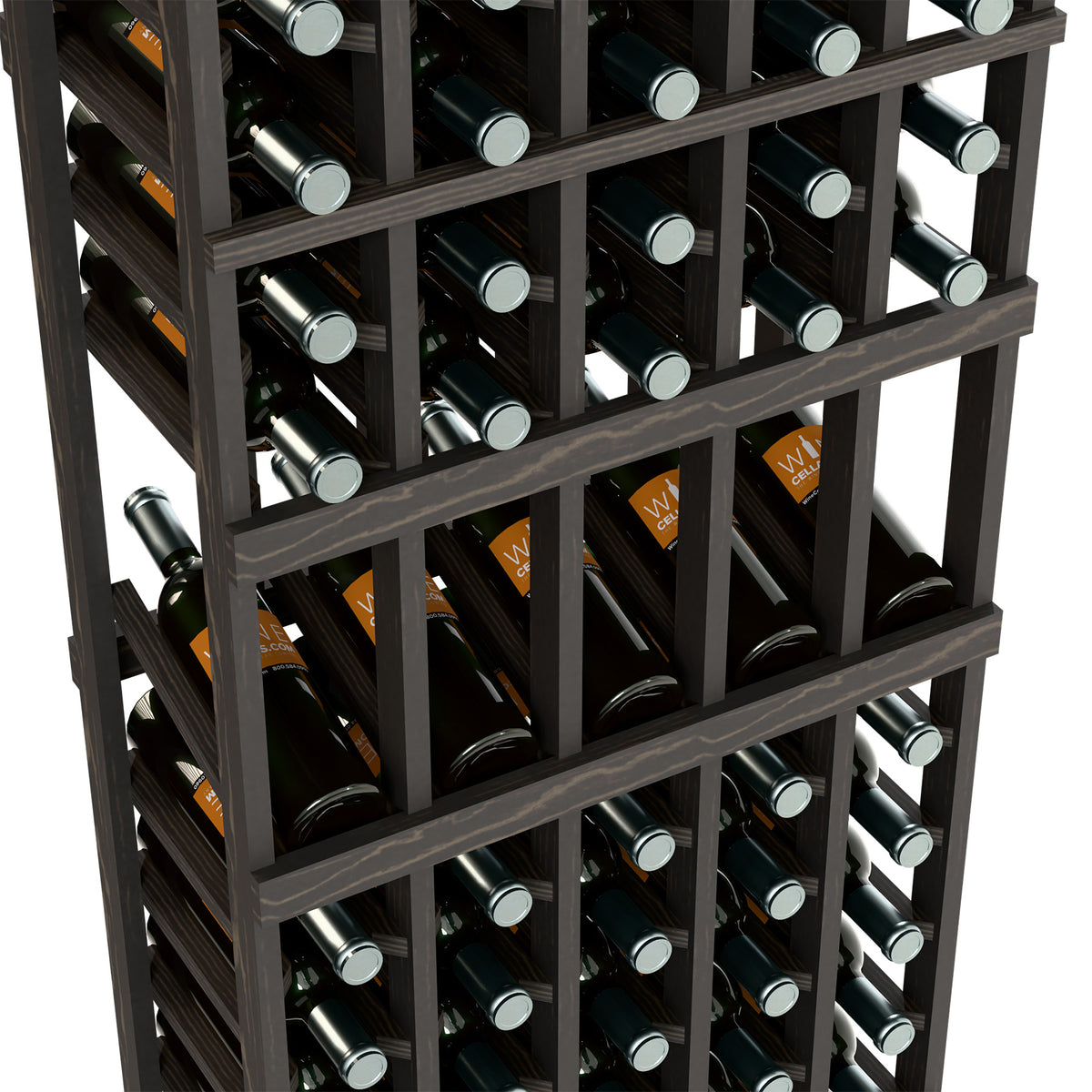 Gray 5-column wine bottle rack, close-up of bottles in a compartment grid