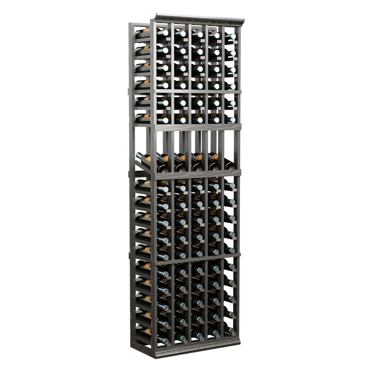 5 column wine bottle display rack, dark wood frame with multiple bottle slots