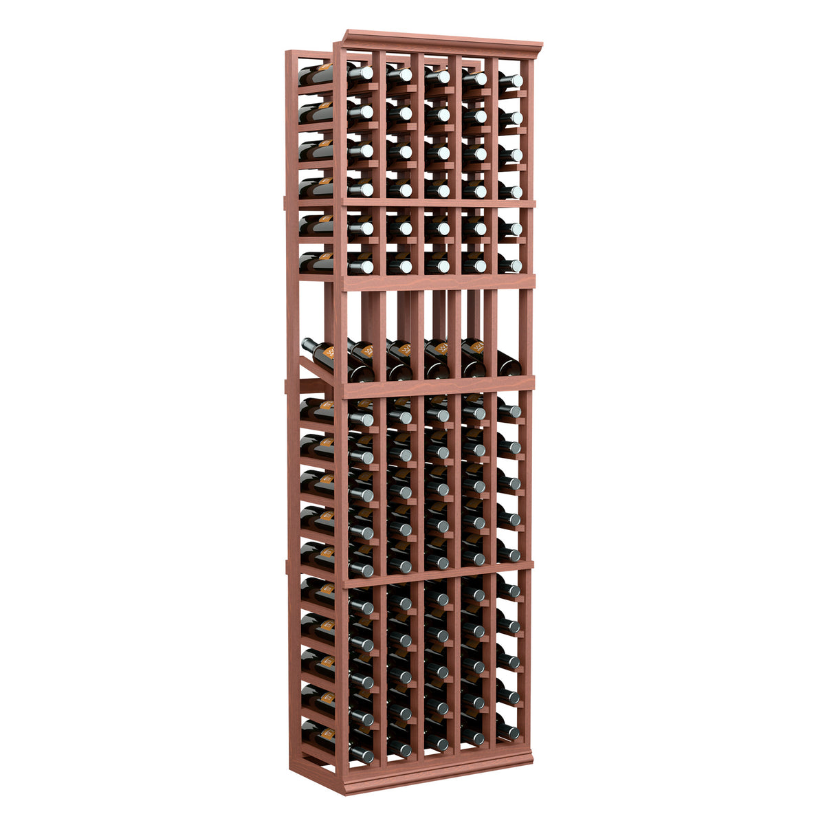 5 column wine bottle display rack, reddish-brown wood frame with bottle slots