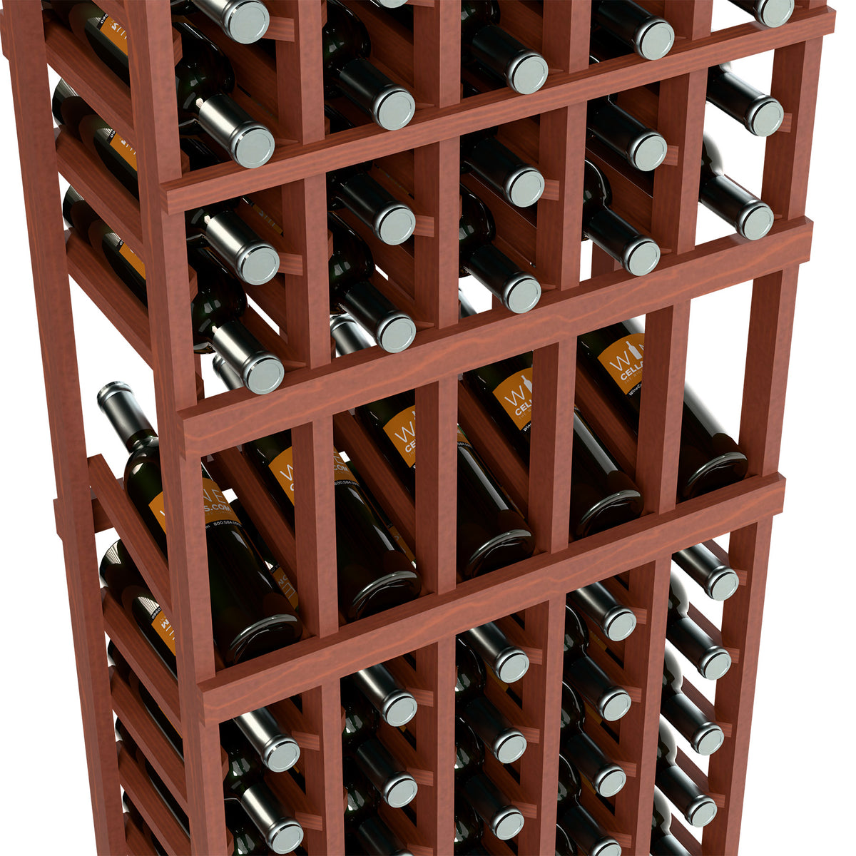 Reddish-brown wine bottle display rack close-up, bottle rows in wooden grid