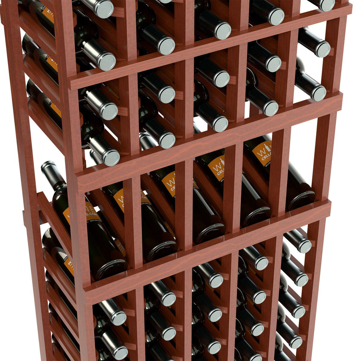 Reddish-brown wine bottle display rack close-up, multi-level bottle holders