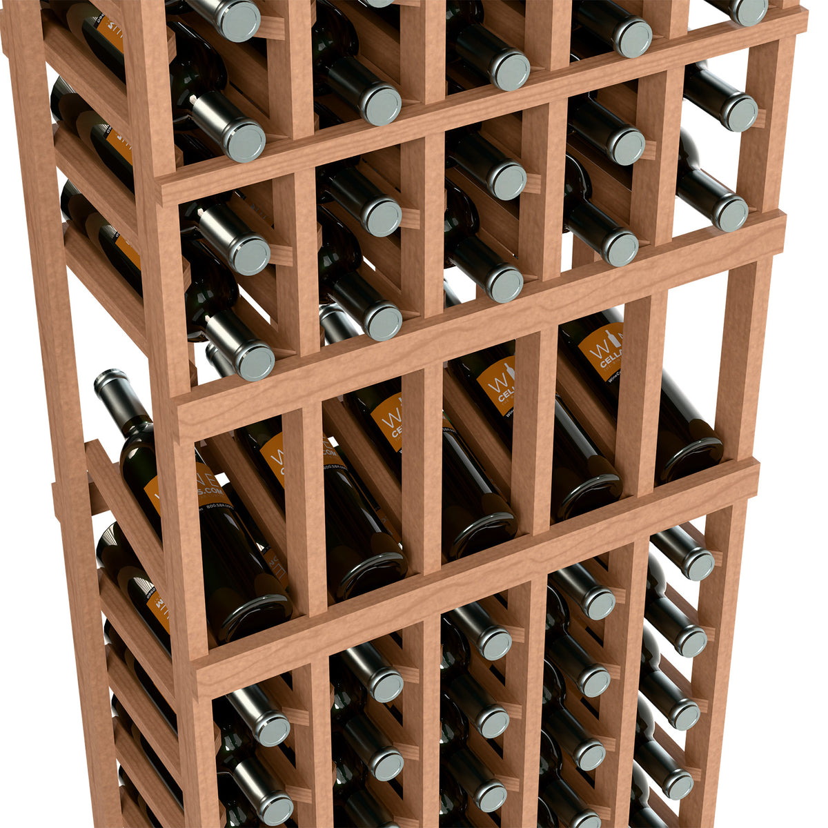 Light wood wine bottle display rack close-up, stacked bottle openings in grid