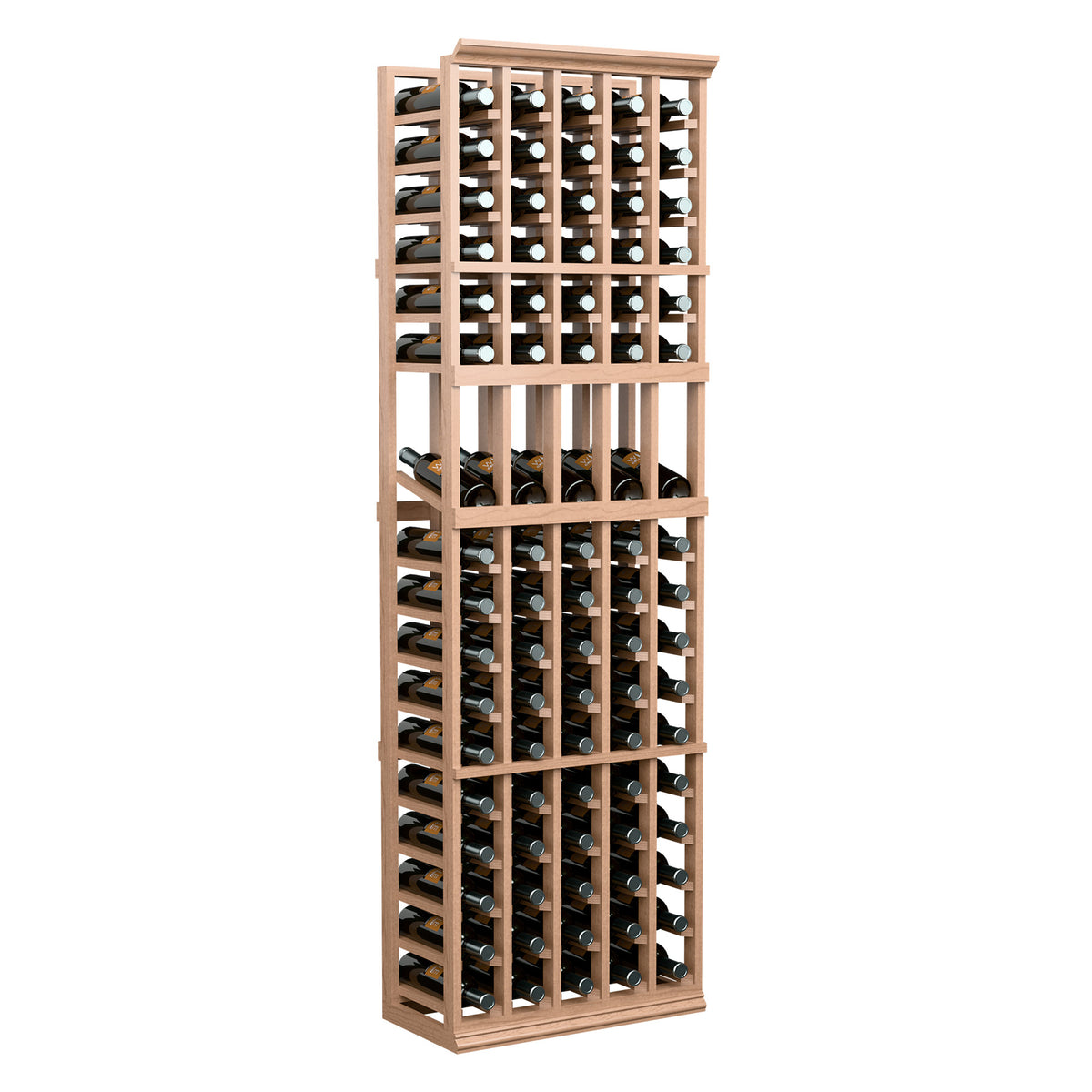 5 column wine bottle display rack, light wood frame with multiple bottle rows
