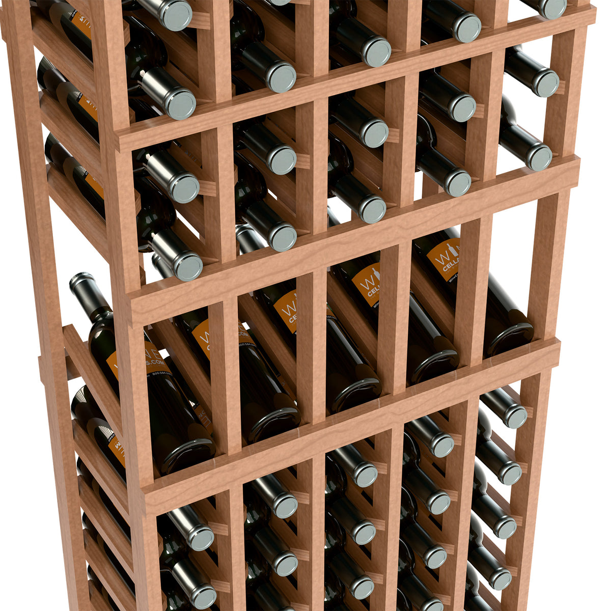 Light wood wine bottle display rack close-up, front grid with bottles in slots