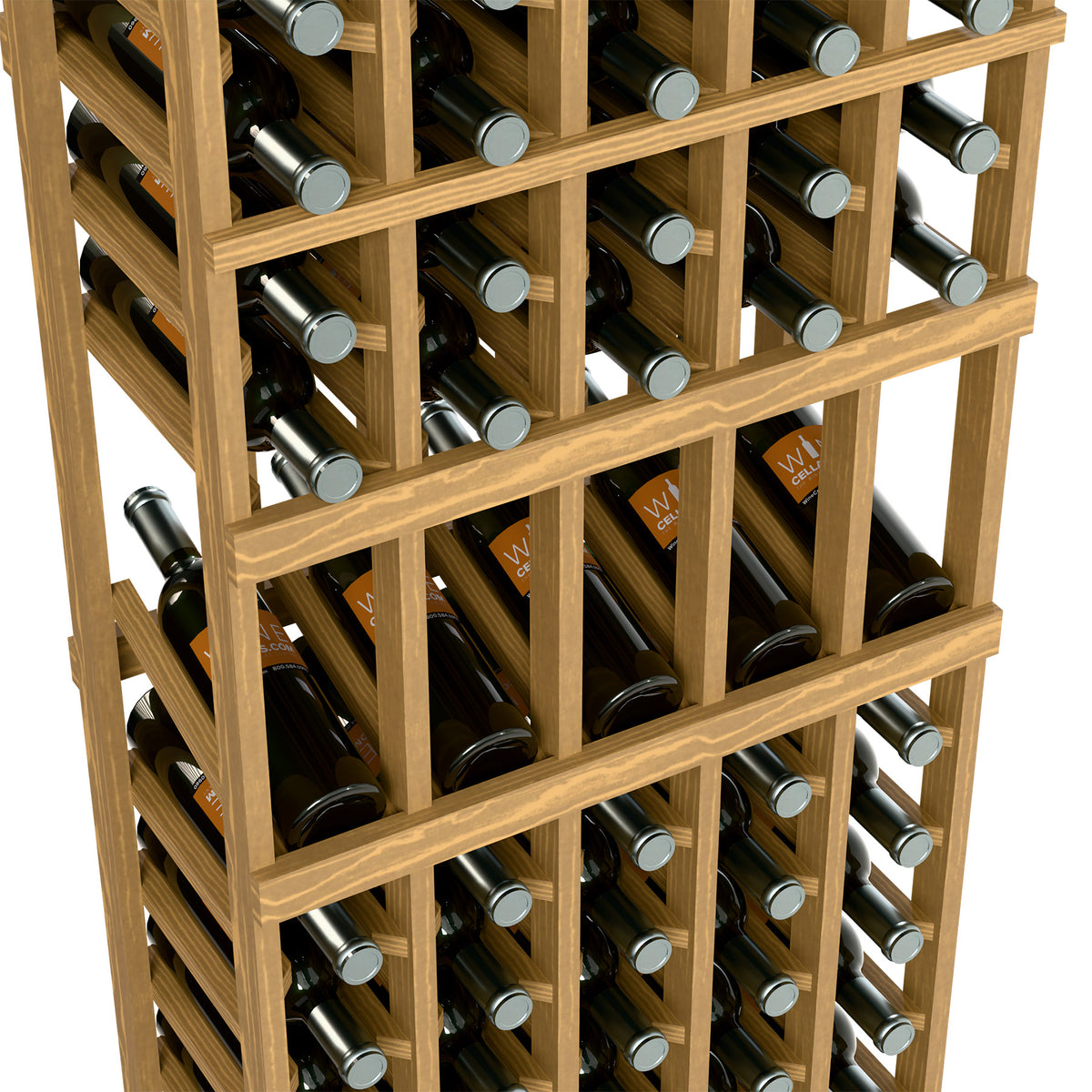 Close-up of light wood wine bottle rack showing rows with bottle neck rests