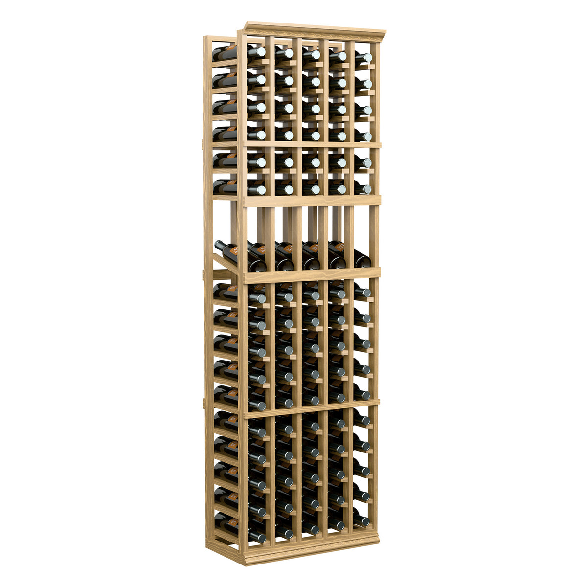 5-column wine bottle display rack in light wood, front view with bottle slots