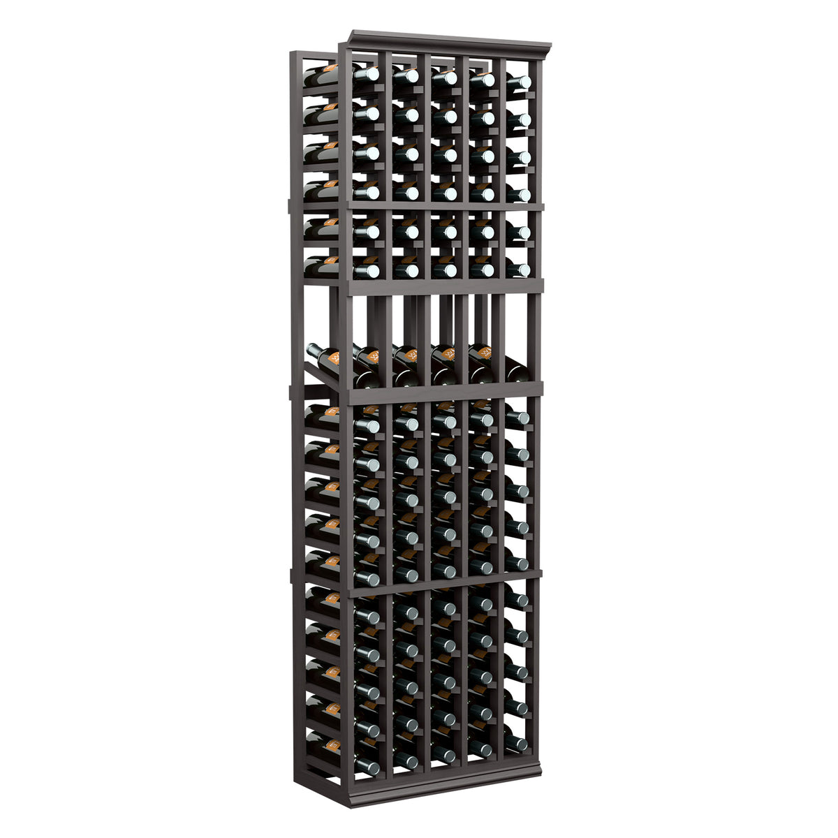 5-column wine bottle display rack in dark wood with open grid shelves