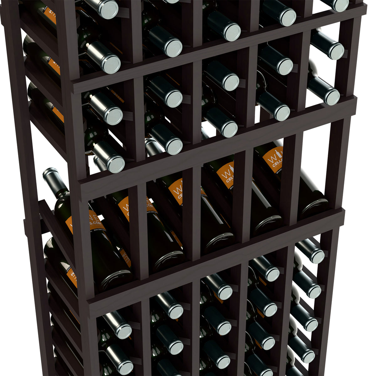Close-up of dark wood wine bottle rack showing bottle rows and metal caps