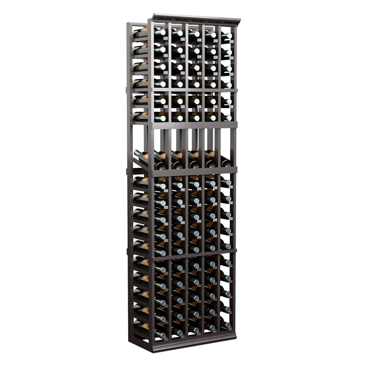 5-column wine bottle display rack in dark wood, front view with bottle slots