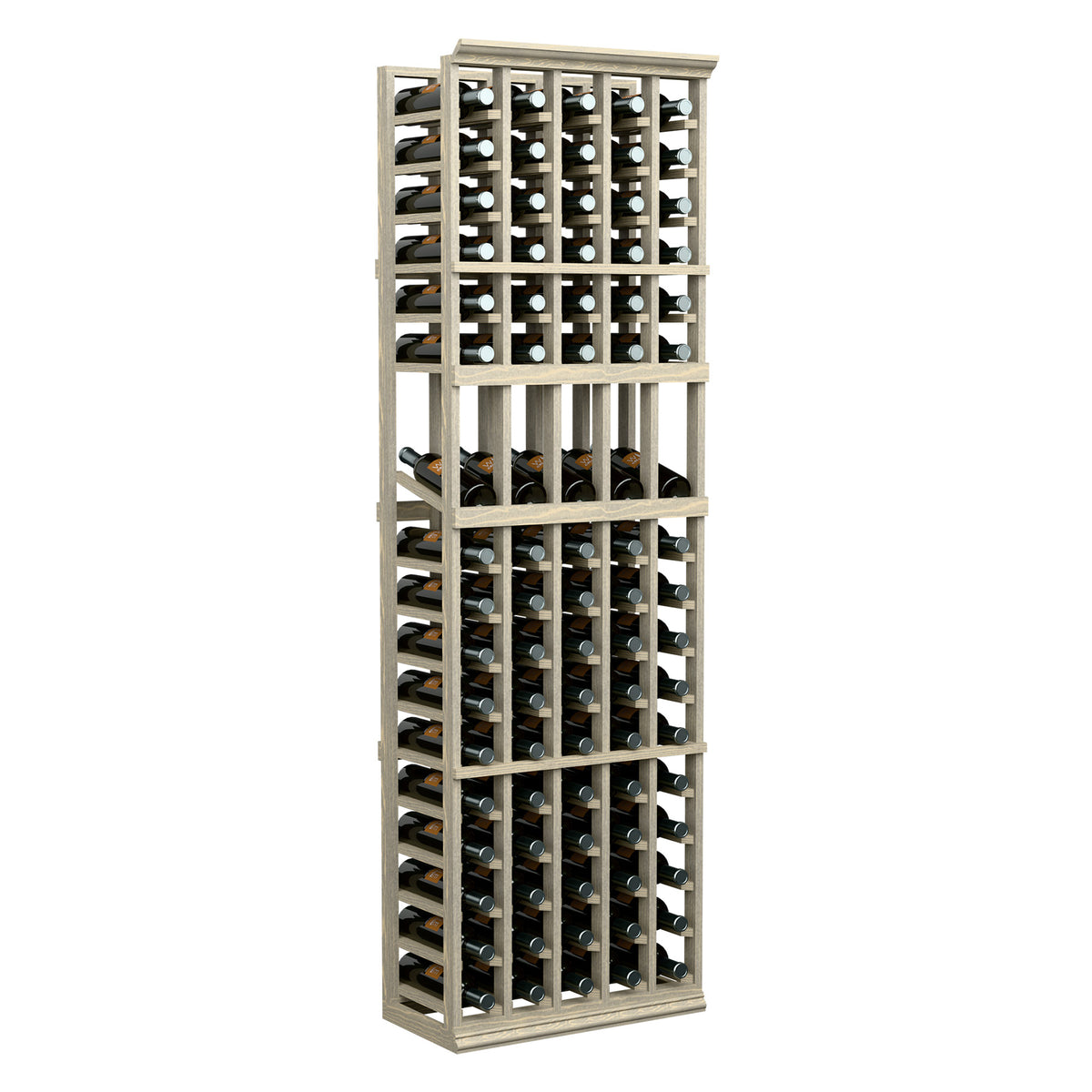 5-column wine bottle display rack in light wood, full standing frame