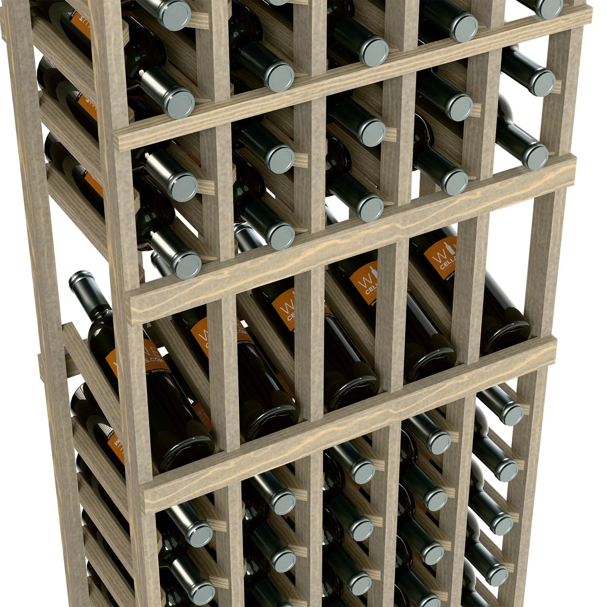 Close-up of light wood wine bottle rack showing grid dividers and stored bottles
