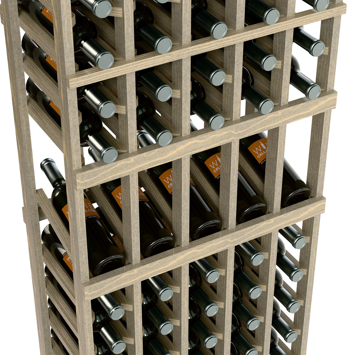 Light wood wine bottle display rack, close-up of bottle slots and silver caps