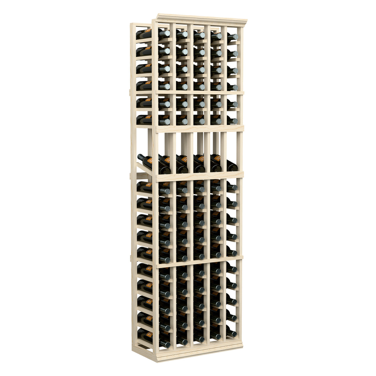 5-column wine bottle display rack, light wood frame with open grid shelves