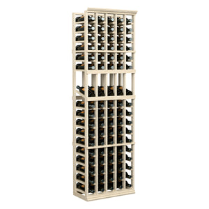 5-column wine bottle display rack, light wood frame with open grid shelves