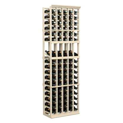 5-column wine bottle display rack, light wood frame with open grid shelves