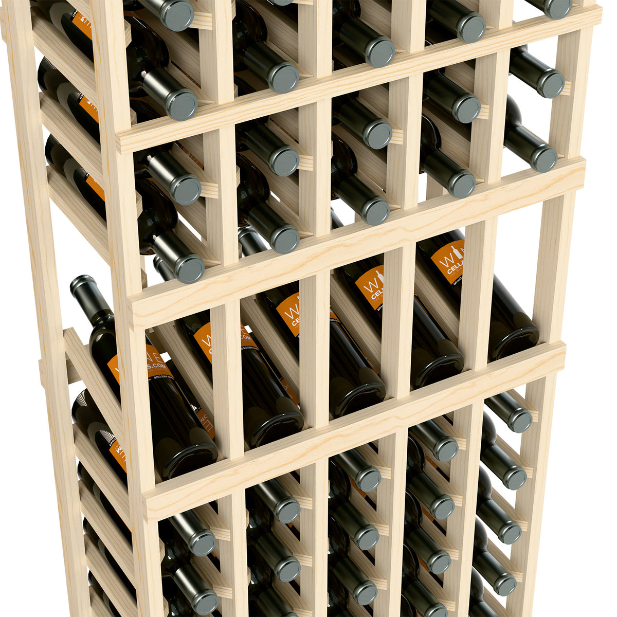 Light wood wine rack, close-up of rows holding wine bottles with silver foil tops