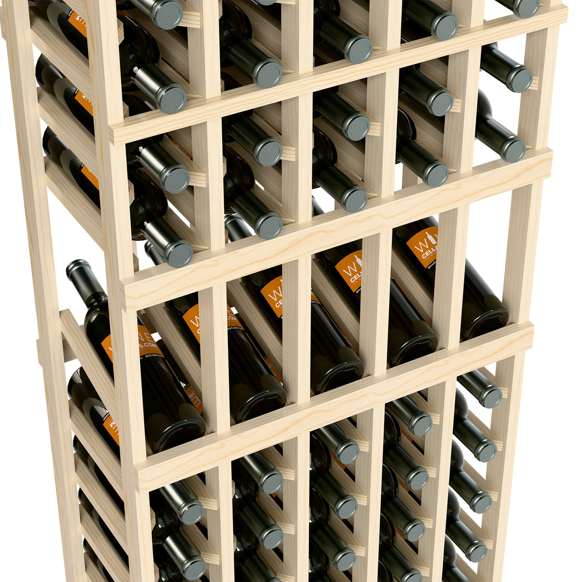 Light wood wine bottle display rack, angled view of bottle rows and labels