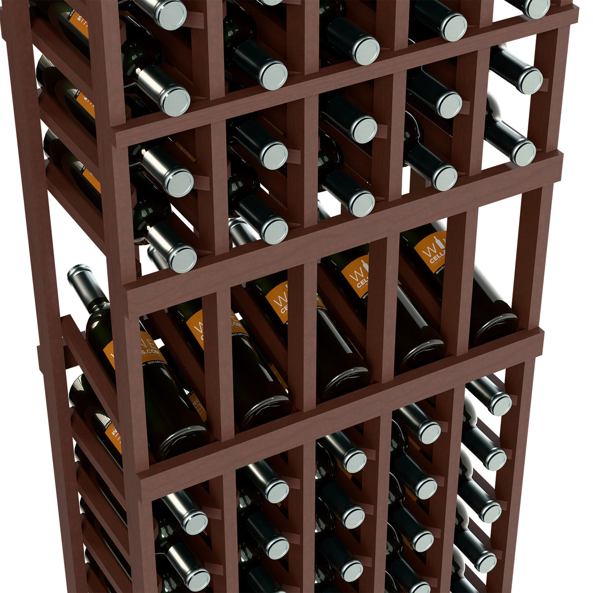 Dark wood wine bottle display rack, close-up of bottle slots and silver caps