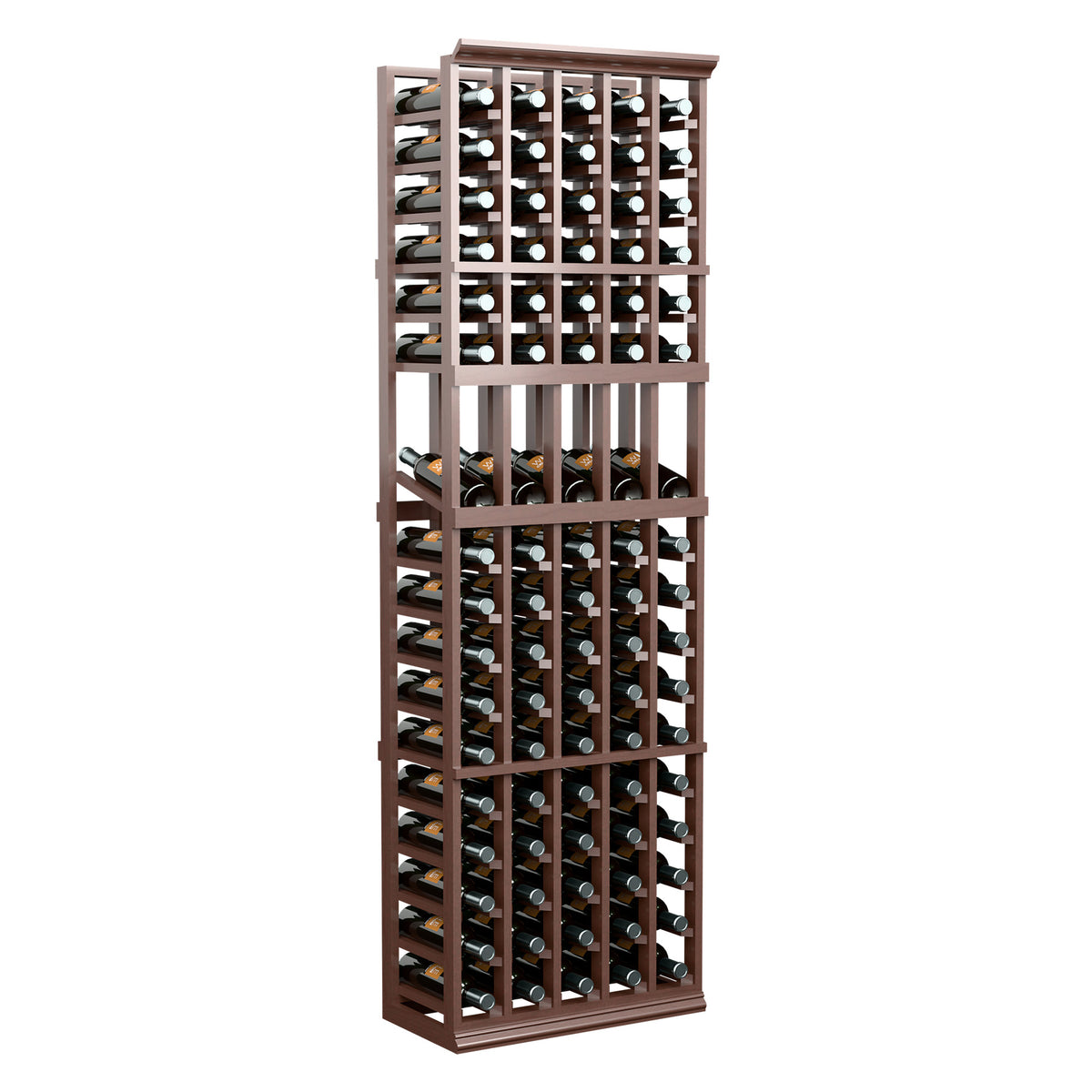 Dark wood wine bottle display rack with 5 columns of bottle openings