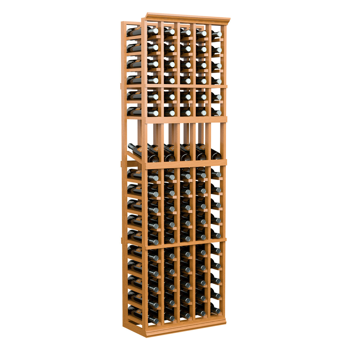6ft 5-column wine display rack, front view with wooden frame and bottle slots
