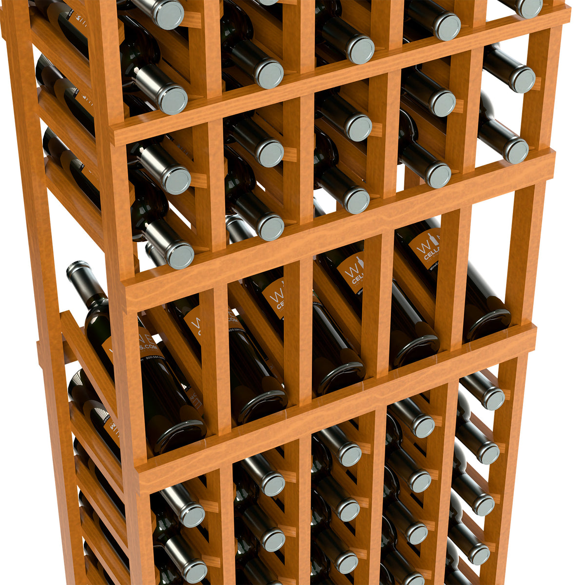 Wood wine display rack close-up with open grid and bottle slots across horizontal bars