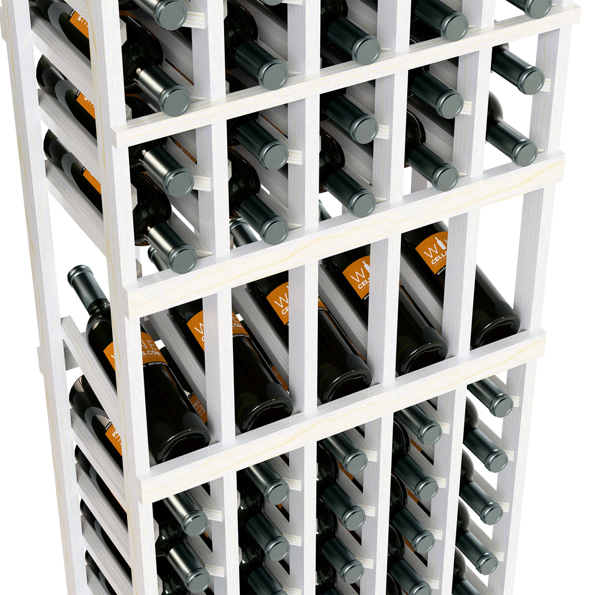 White wine rack close-up with bottle necks and silver caps in cubby slots