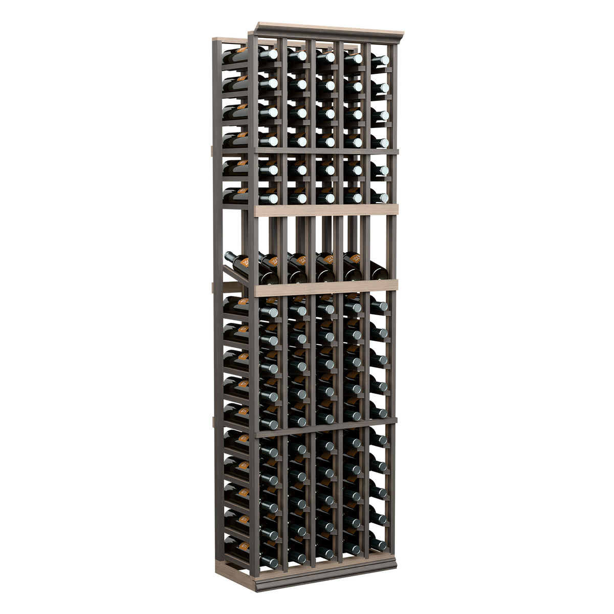 5-column wine display rack with gray wooden frame, rows of bottle slots
