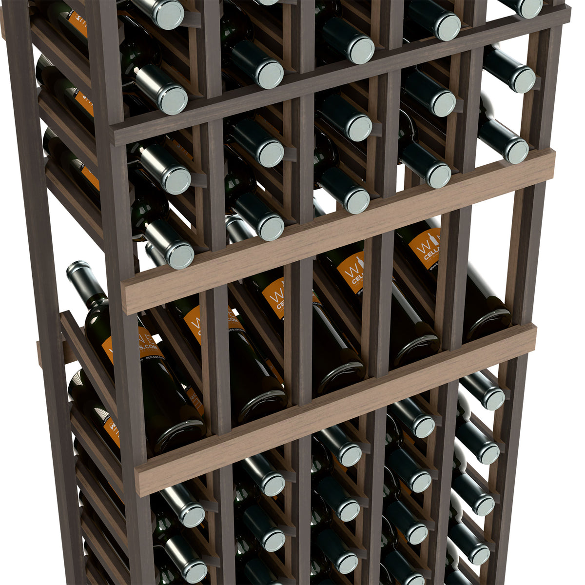 Gray wine rack close-up with bottle necks and silver caps in square grid