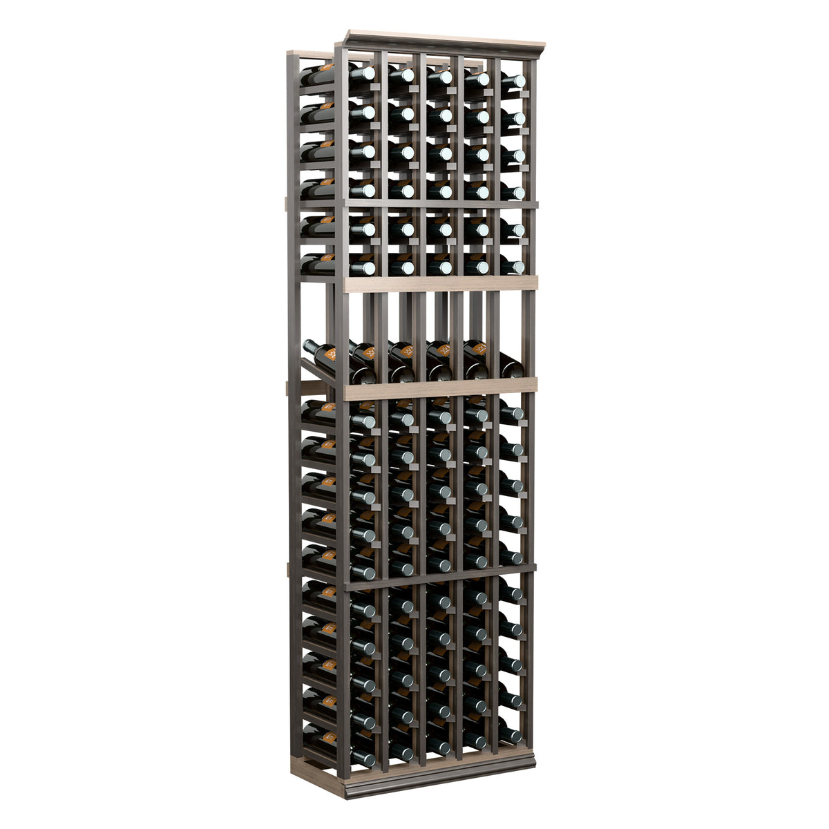 5-column wine display rack, tall wooden frame with bottle slots and front display row