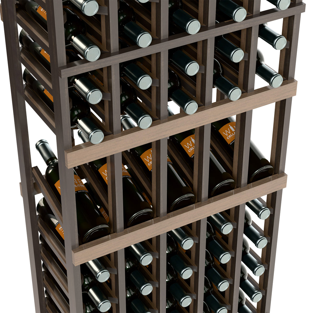 Tall 5-column wine display rack with multiple bottle sleeves and rows of bottles