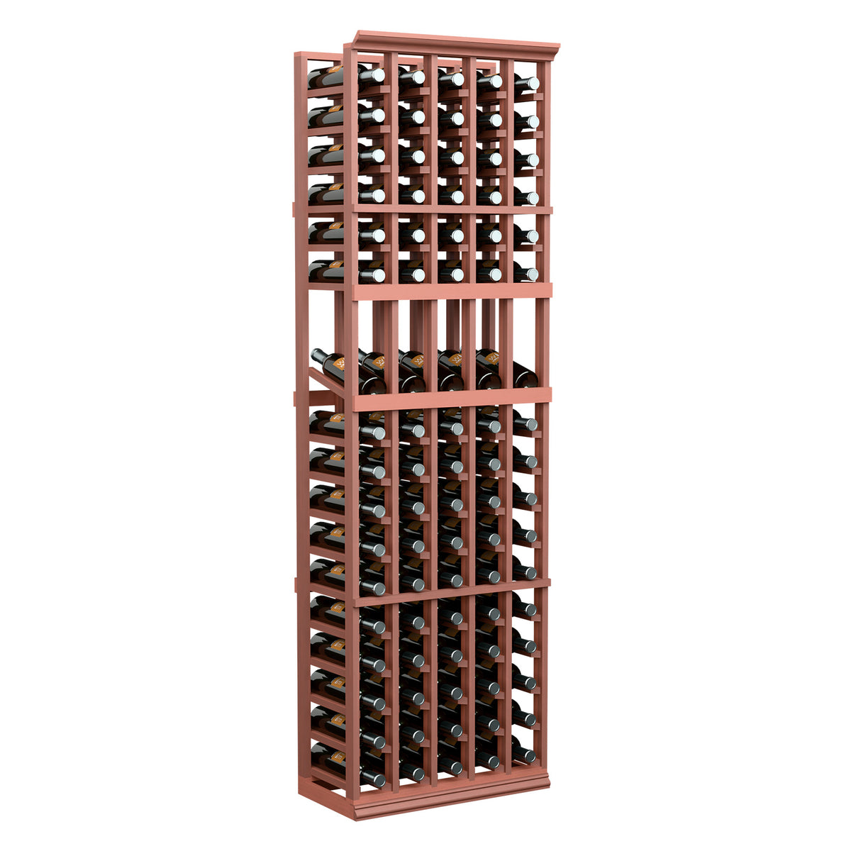 5-column wine display rack with red-brown wooden frame and front bottle slots