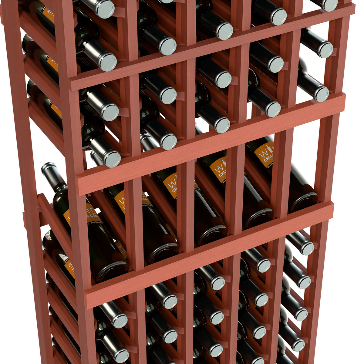 Close-up of 5-column wine display rack with red-brown frame and bottle rows